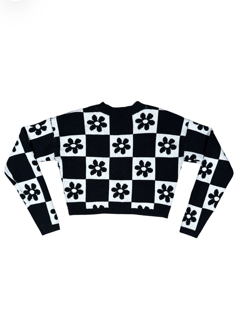 Hollister XS Black White Checkered Flower Crop Sweater - Y2K Cozy Knit - Picture 4 of 11